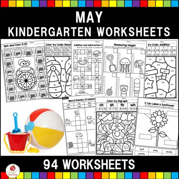 May and June Kindergarten Math and Literacy Worksheets Cover
