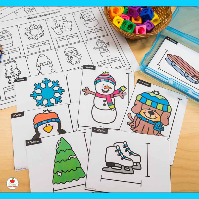 Winter measurement task cards and worksheet for kindergarten math centers