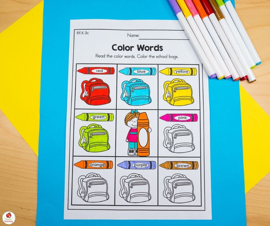 Back to School Color Words Worksheet