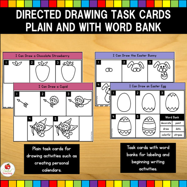 Directed Drawing Holiday Task Cards Plain and with Word Bank