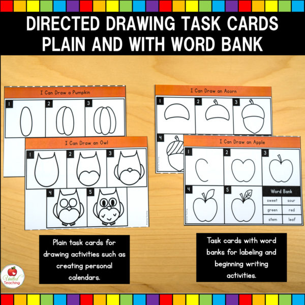 Directed Drawing Seasonal Task Cards Plain and with Word Bank