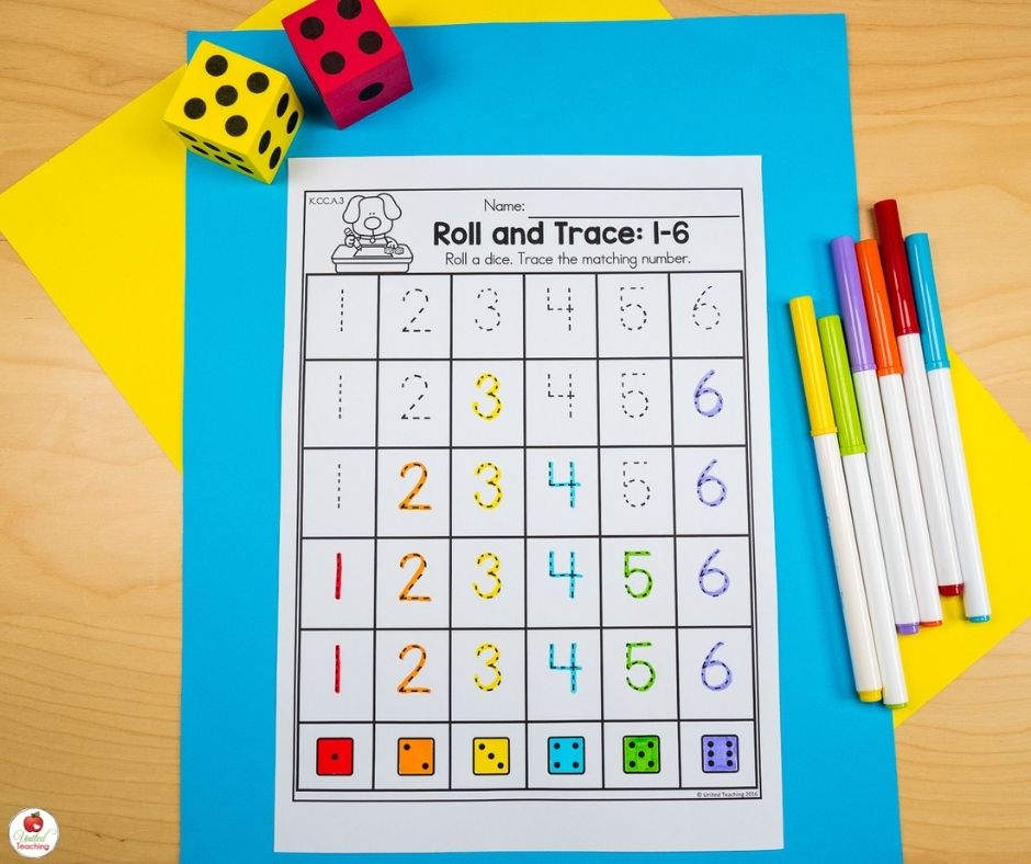 Roll and trace numbers 1 to 6 math worksheet for beginning of the school year