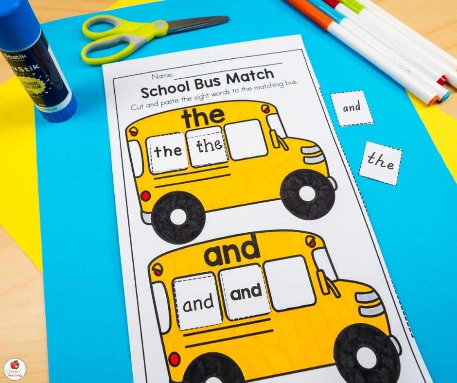 School bus sight word matching worksheet