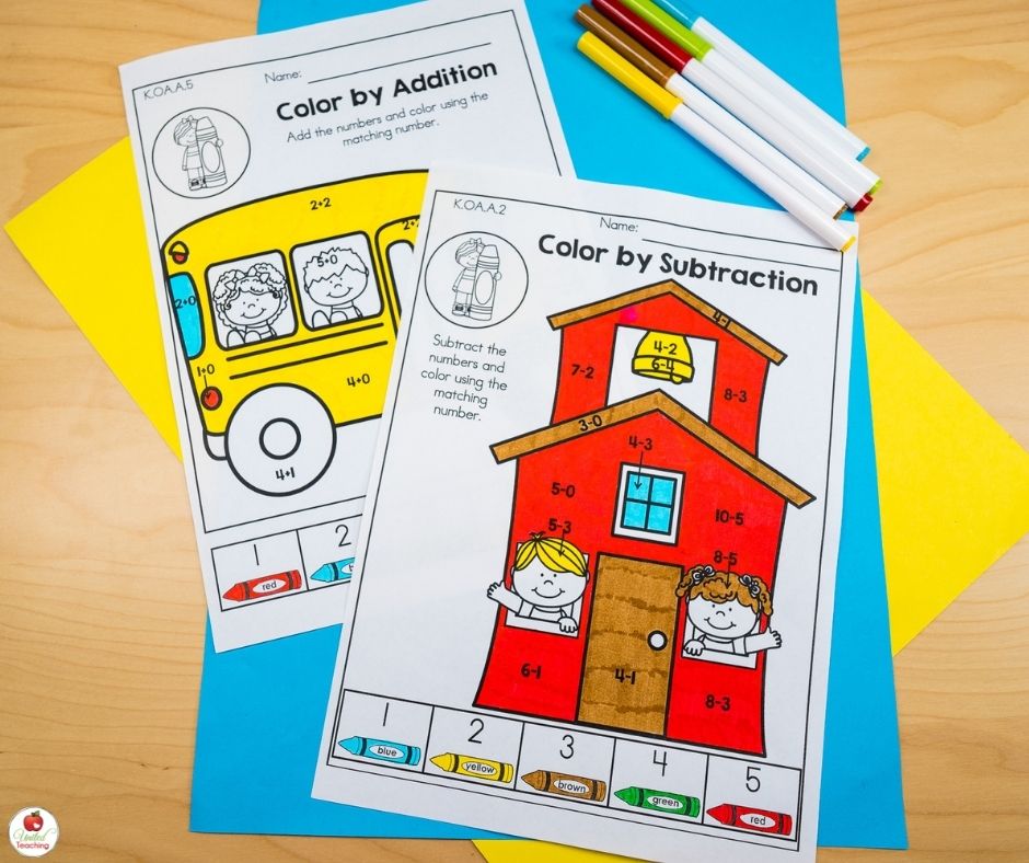 School themed beginning addition and subtraction worksheets