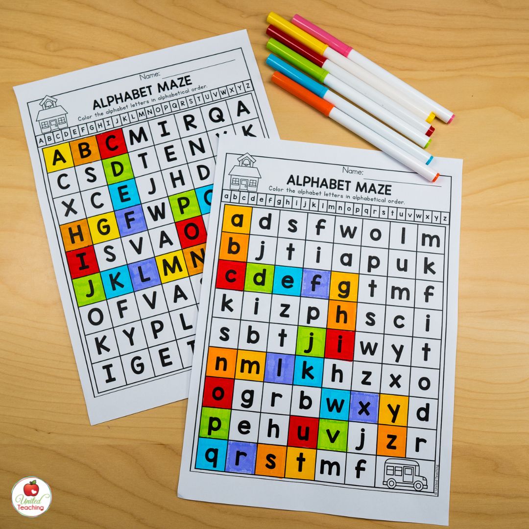 Alphabet maze worksheets for uppercase and lowercase letters  for the month of August
