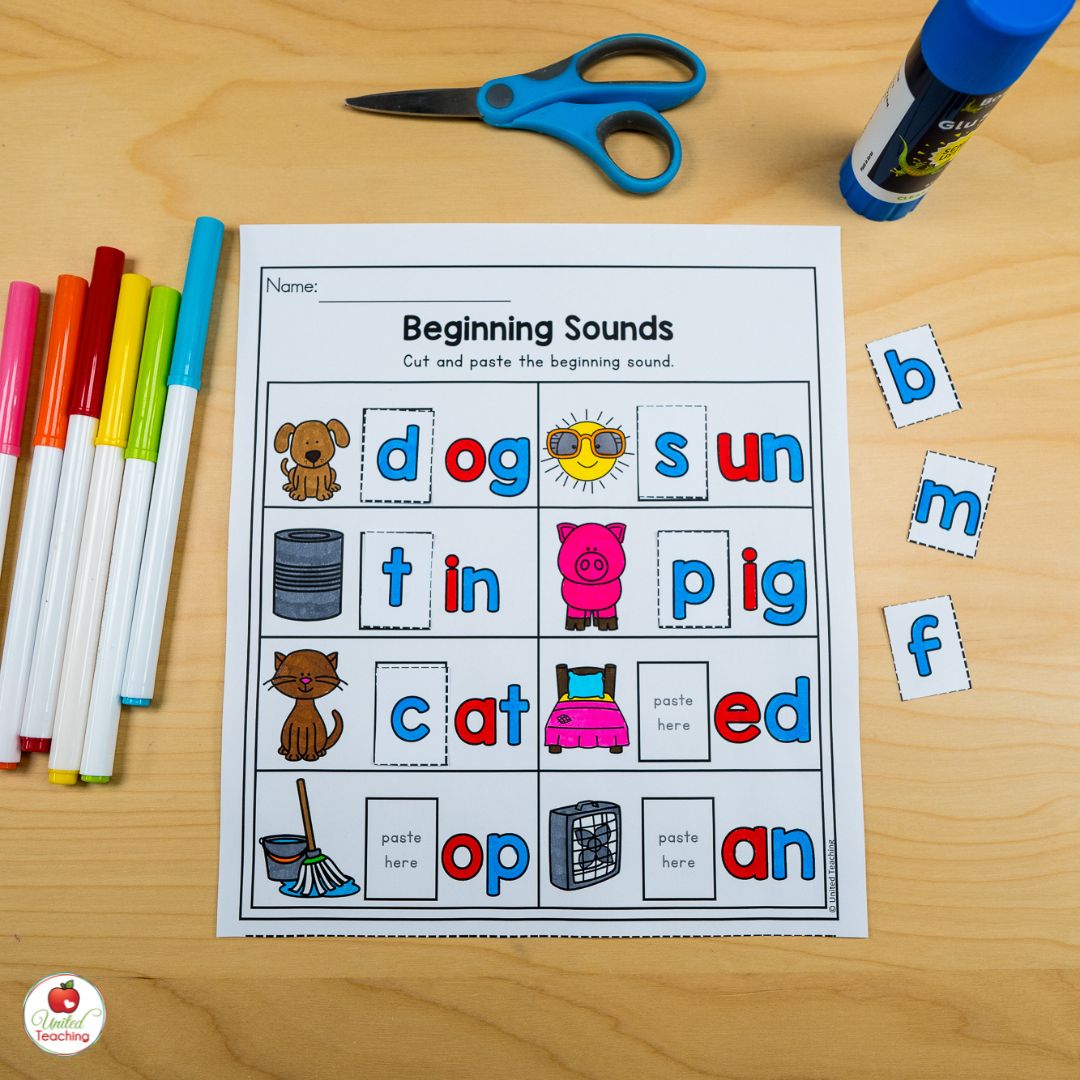 Beginning sounds kindergarten cut and paste worksheet