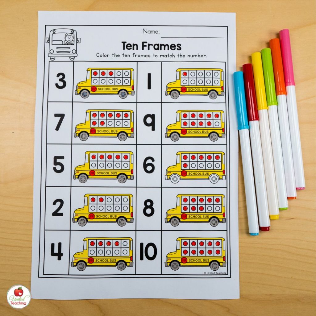 Ten Frames Worksheet for Numbers 1 to 10 for the month of August