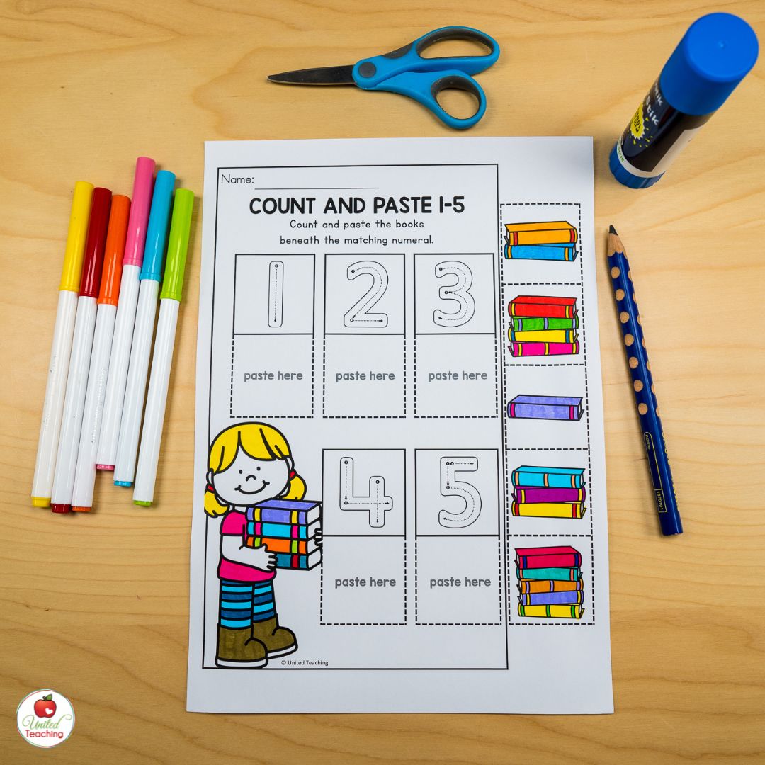 Numbers 1 to 5 cut and paste counting worksheet