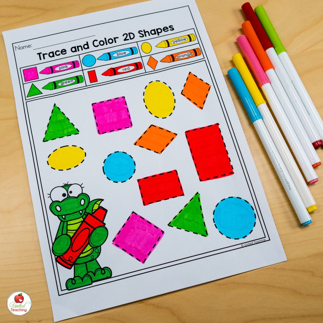 2D Shapes Trace and Color worksheet
