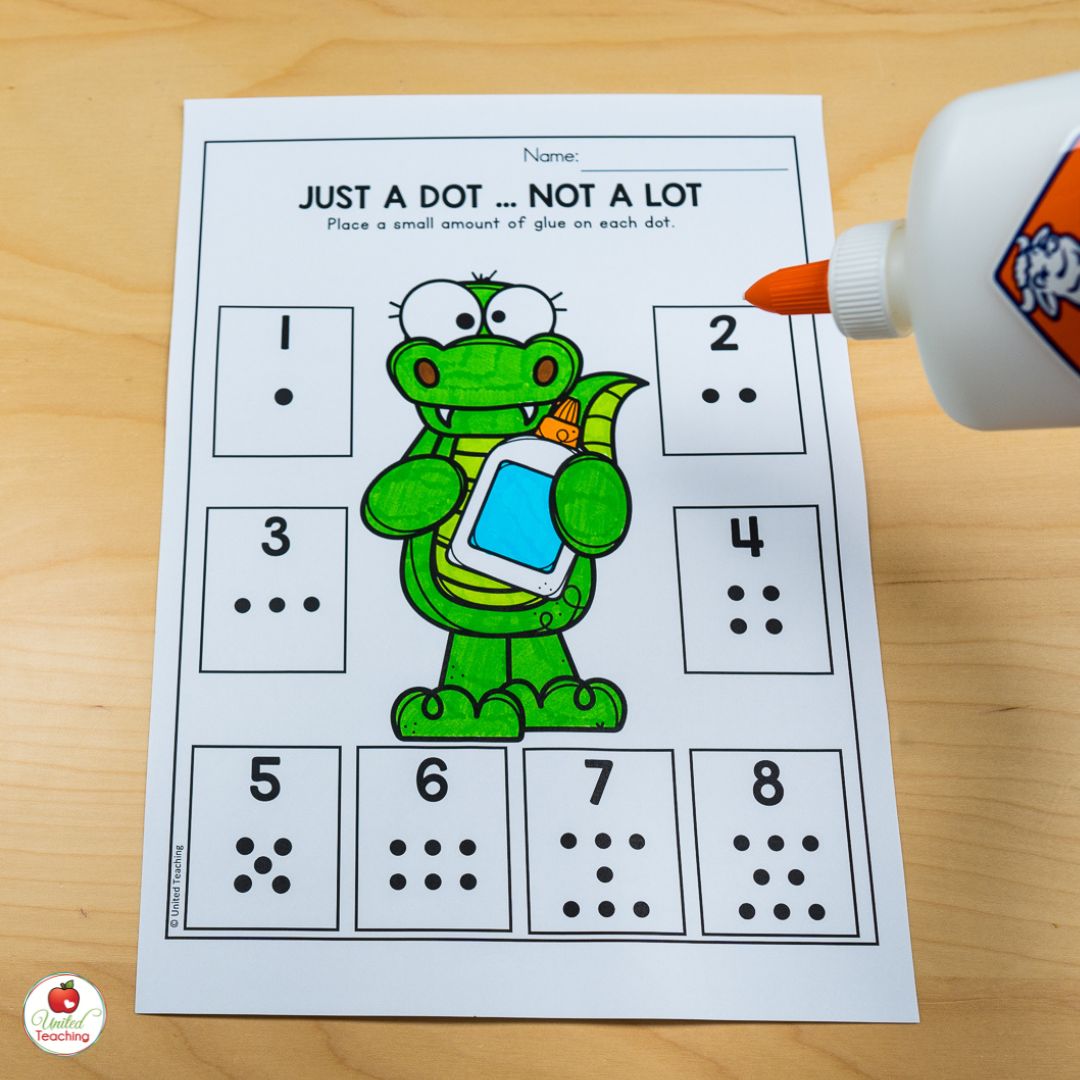 Just a Dot Not a Lot Gluing Practice Kindergarten Worksheet for the month of August