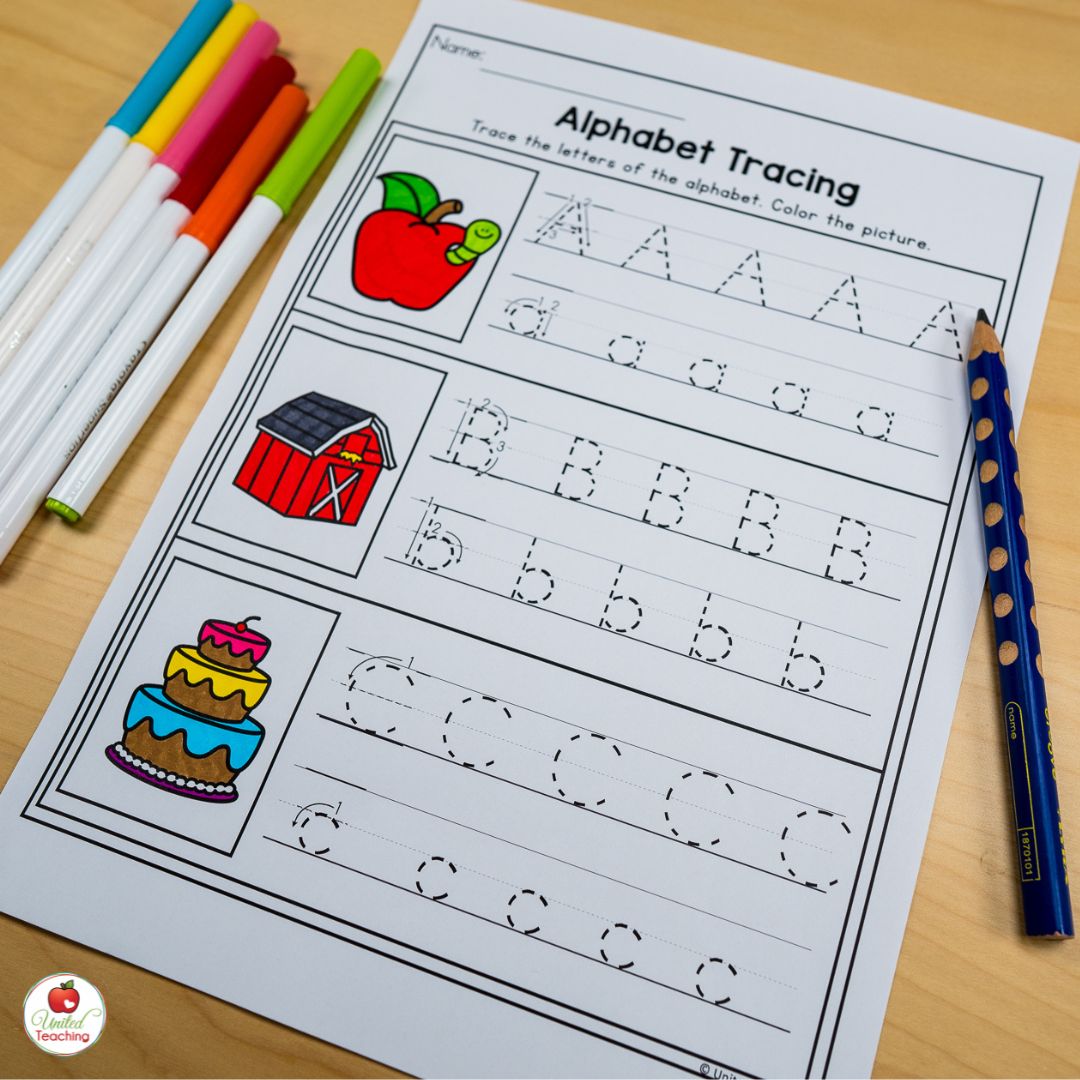 Tracing letters of the alphabet kindergarten worksheet for the month of August