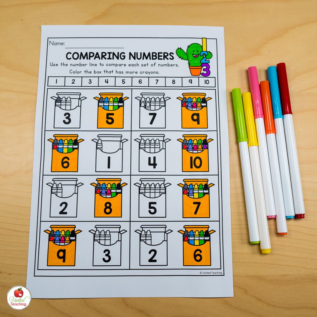 Number comparison math worksheet for numbers 1 to 10