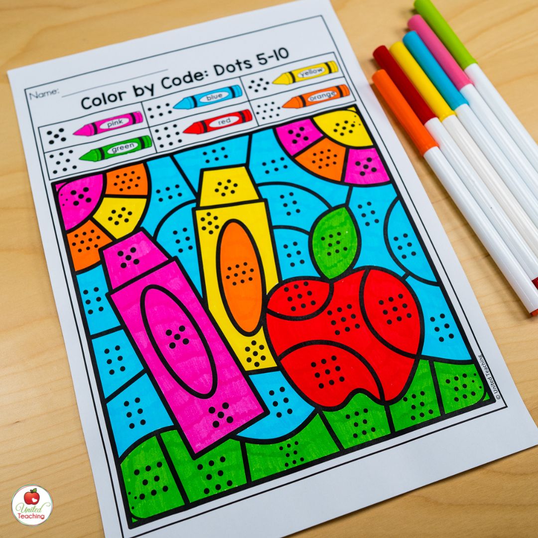 Subitizing color by code math kindergarten worksheet for the month of August