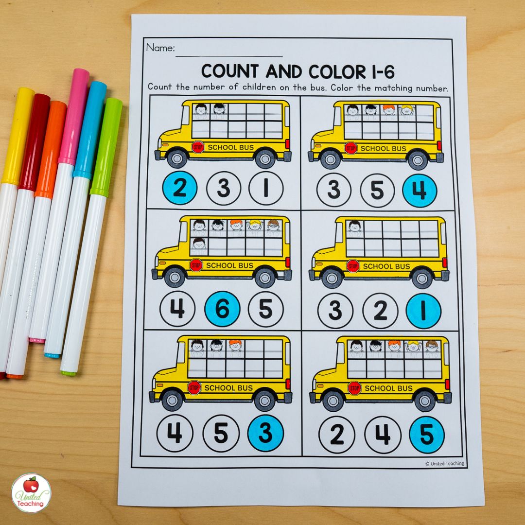 Count and Color Ten Frames Worksheet for Numbers 1 to 6 for the month of August