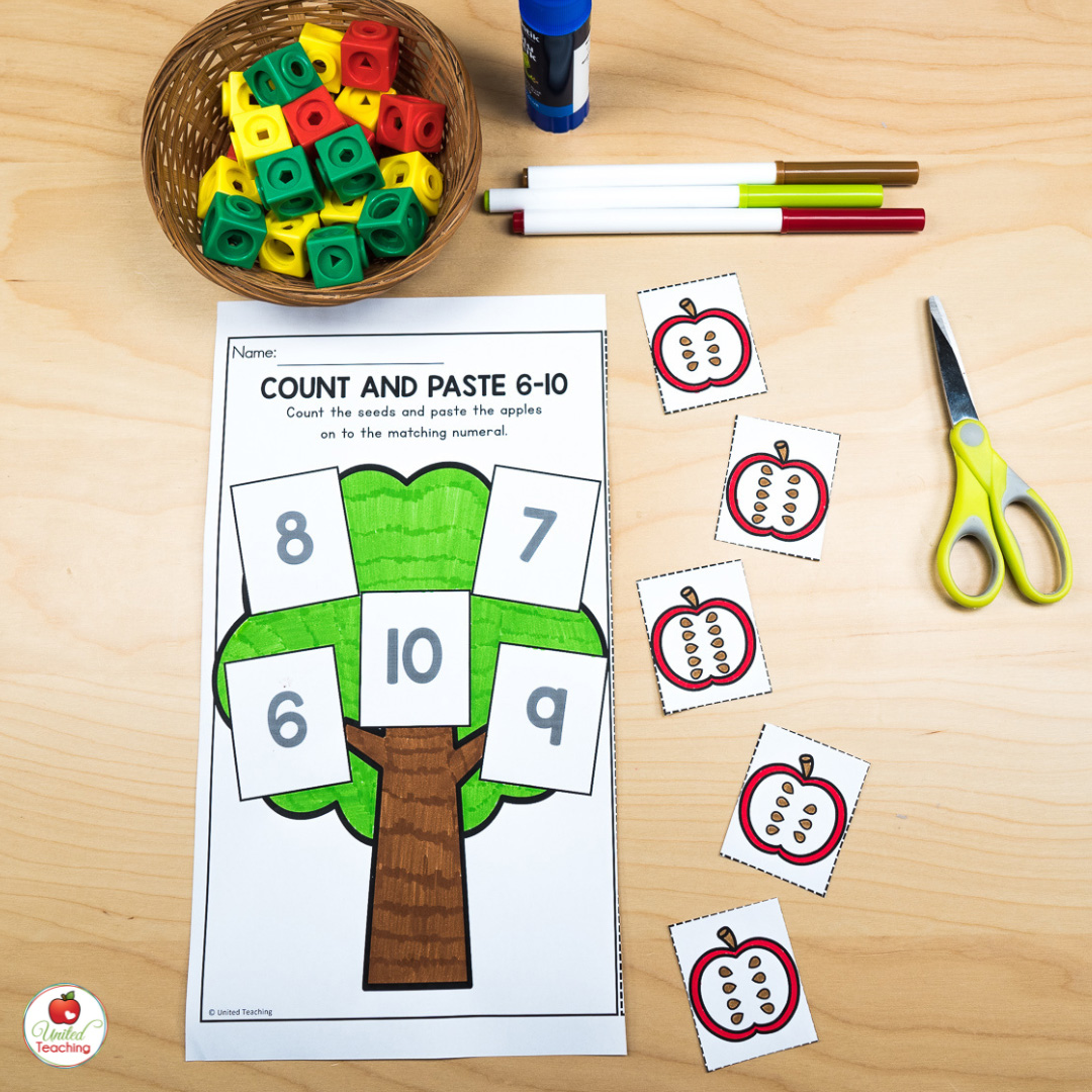 Apple seeds counting 6 to 10 math worksheet