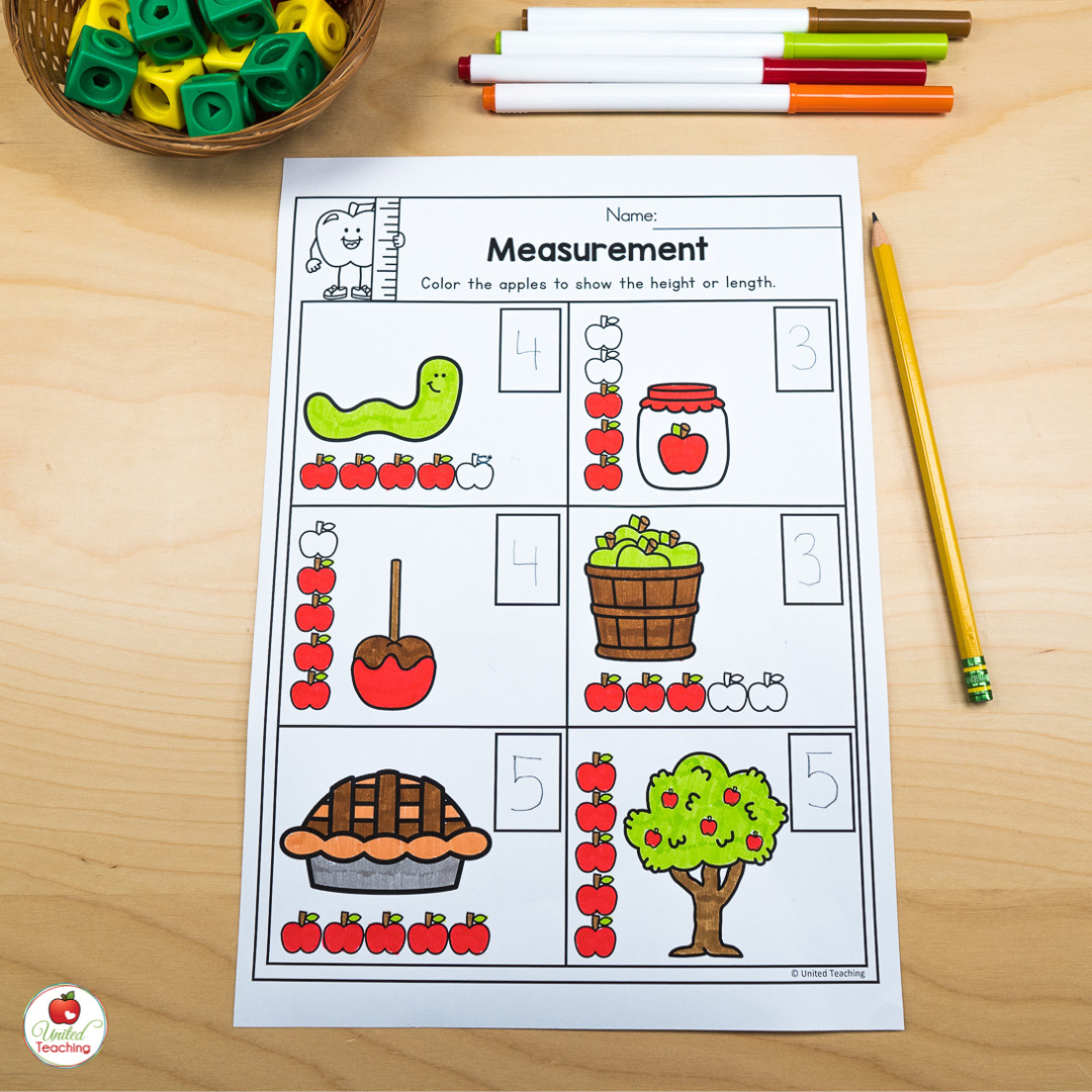 Non standard measurement with apples math worksheet for kindergarten