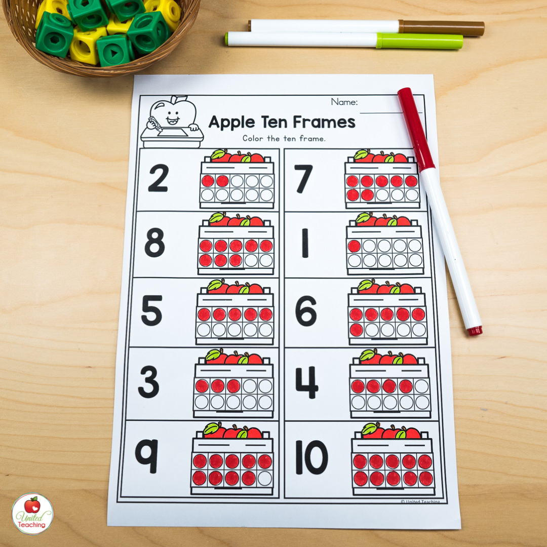 Apples ten frames 1 to 10 math worksheet