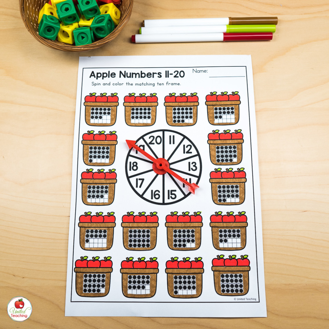 Spin and color a ten frame numbers 11 to 20 math worksheet
