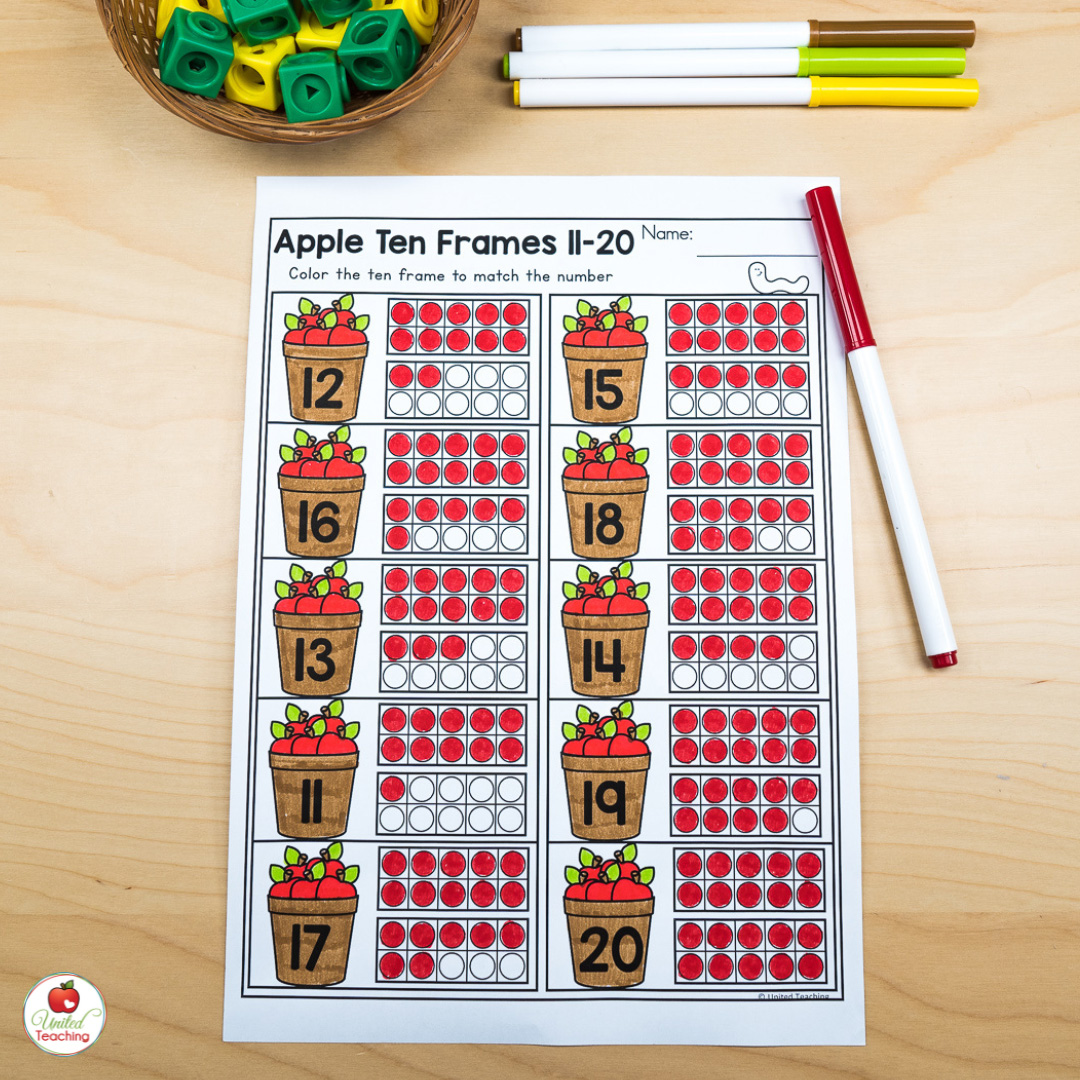 Apples ten frames 11 to 20 math worksheet