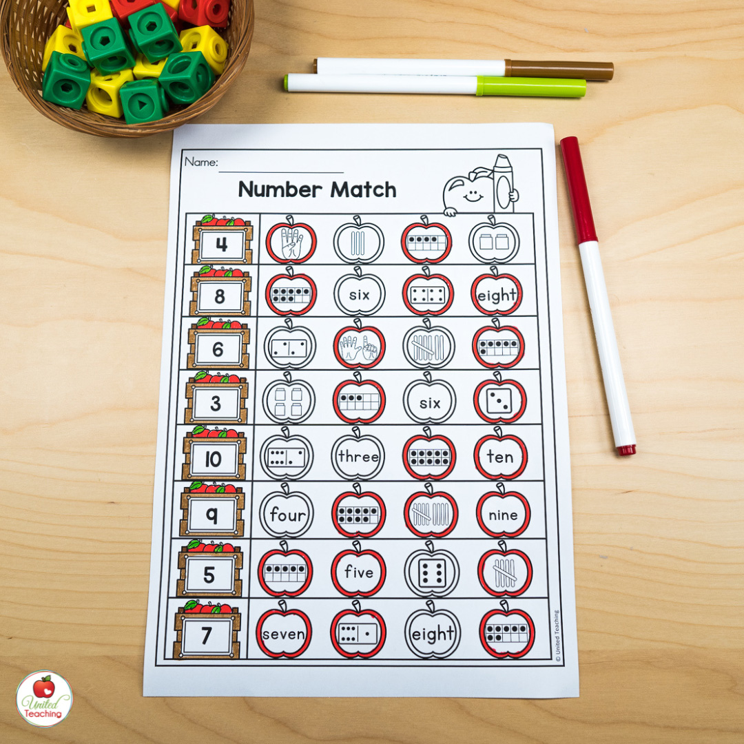 Number Matching Math Worksheet for numbers 1 to 10