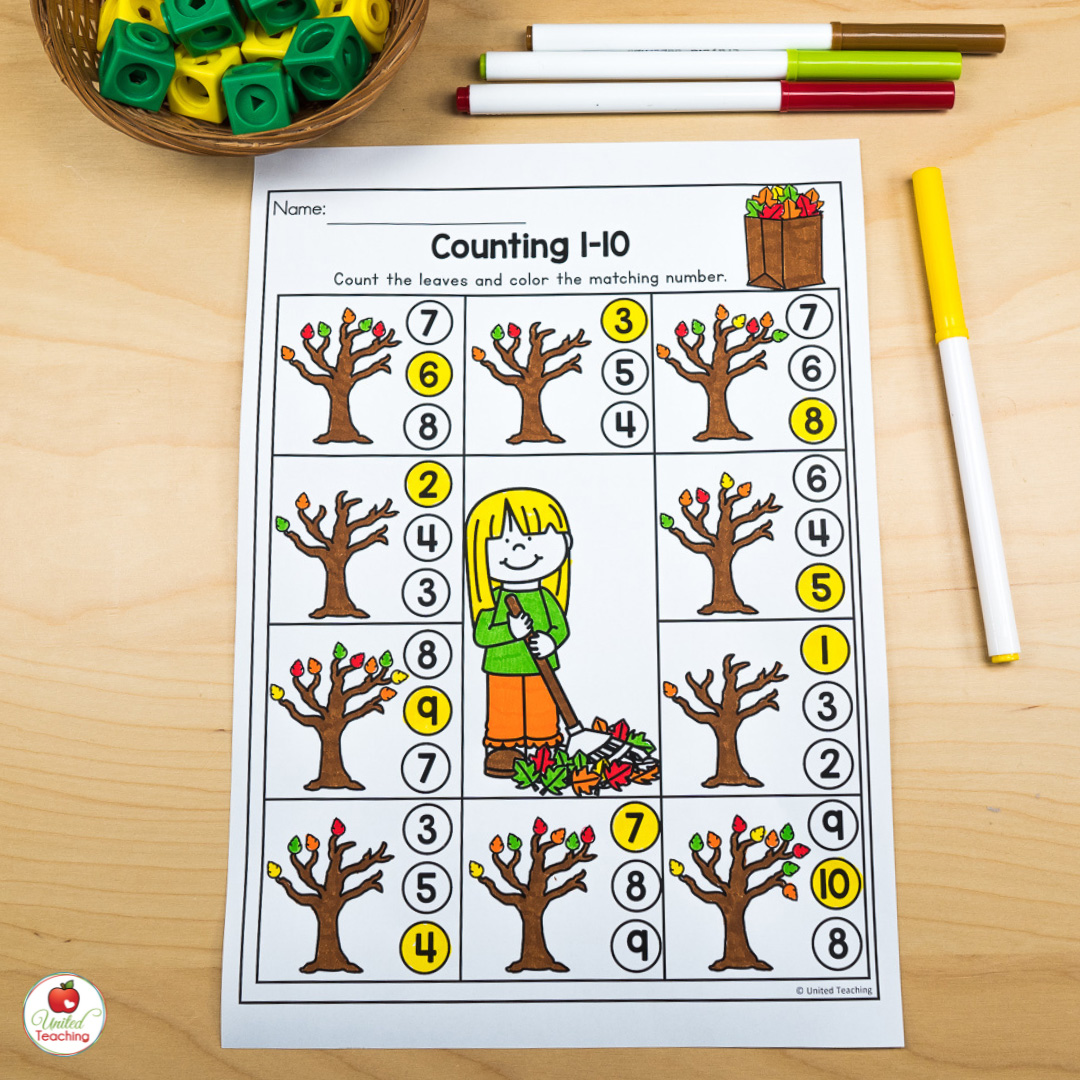 Counting leaves 1 to 10 math worksheet