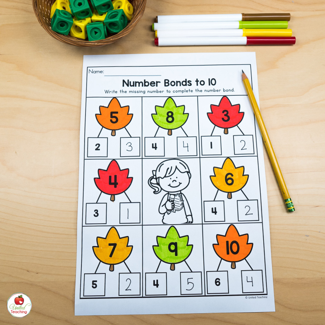 Fall-themed numbers bonds to 10 math worksheet