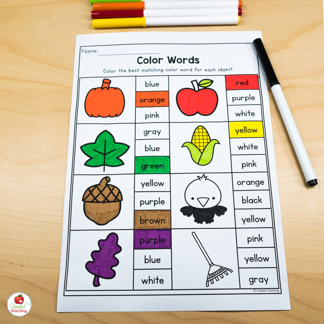 September color words worksheet