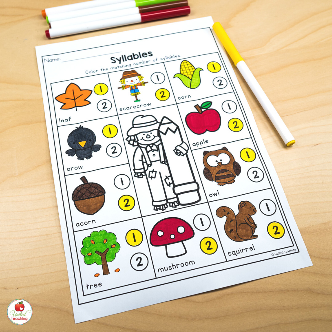 September fall-themed counting syllables worksheet