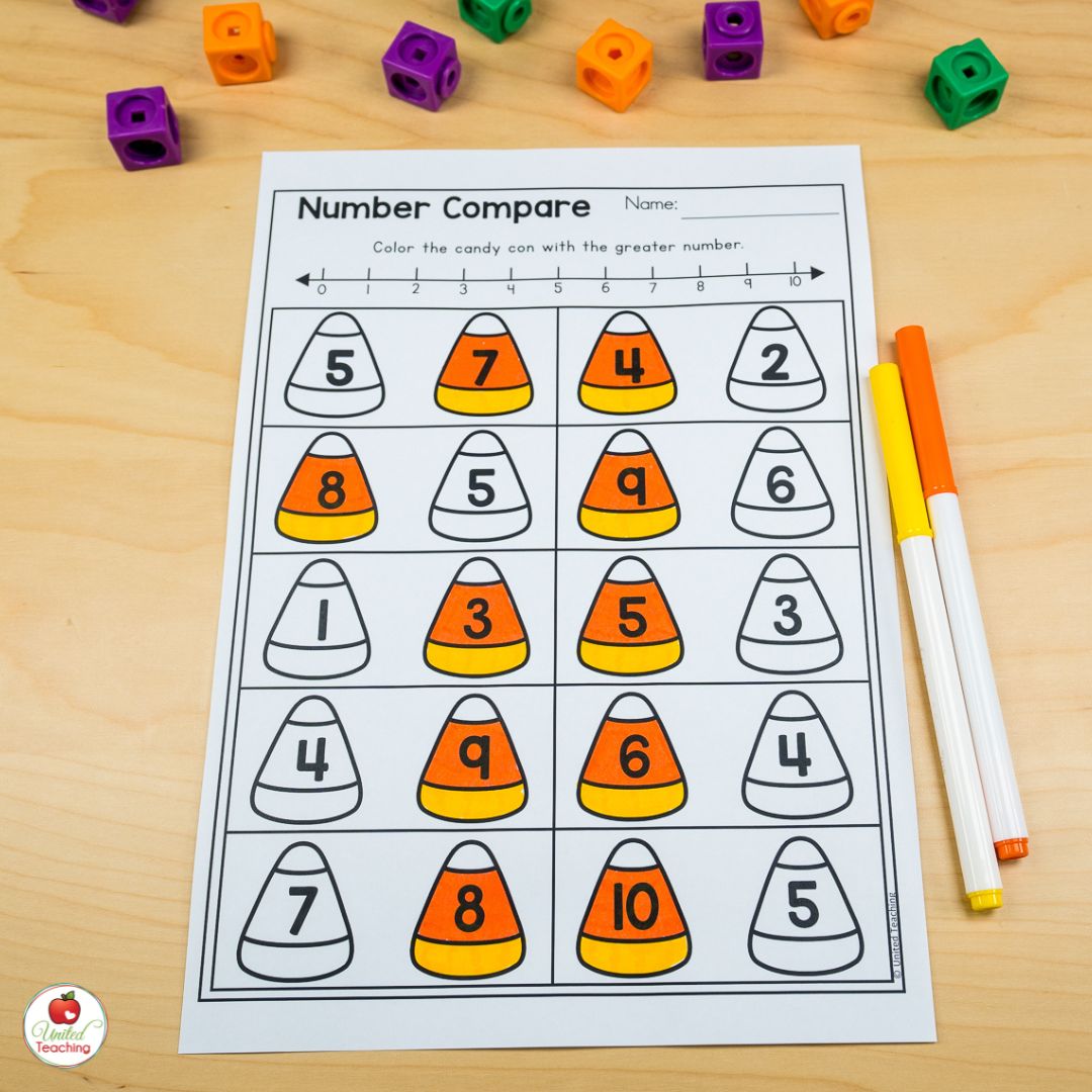 Candy Corn number comparison Halloween math worksheet for numbers 1-10