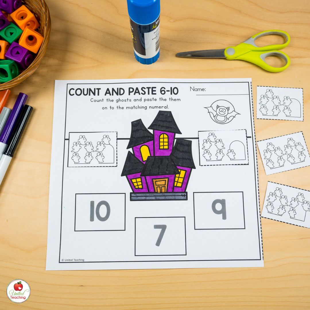 Counting ghosts 6-10 Halloween math worksheet for October
