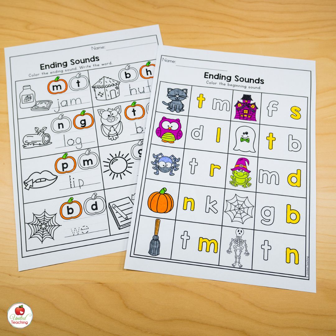 October Ending Sound Worksheets for Kindergarten students