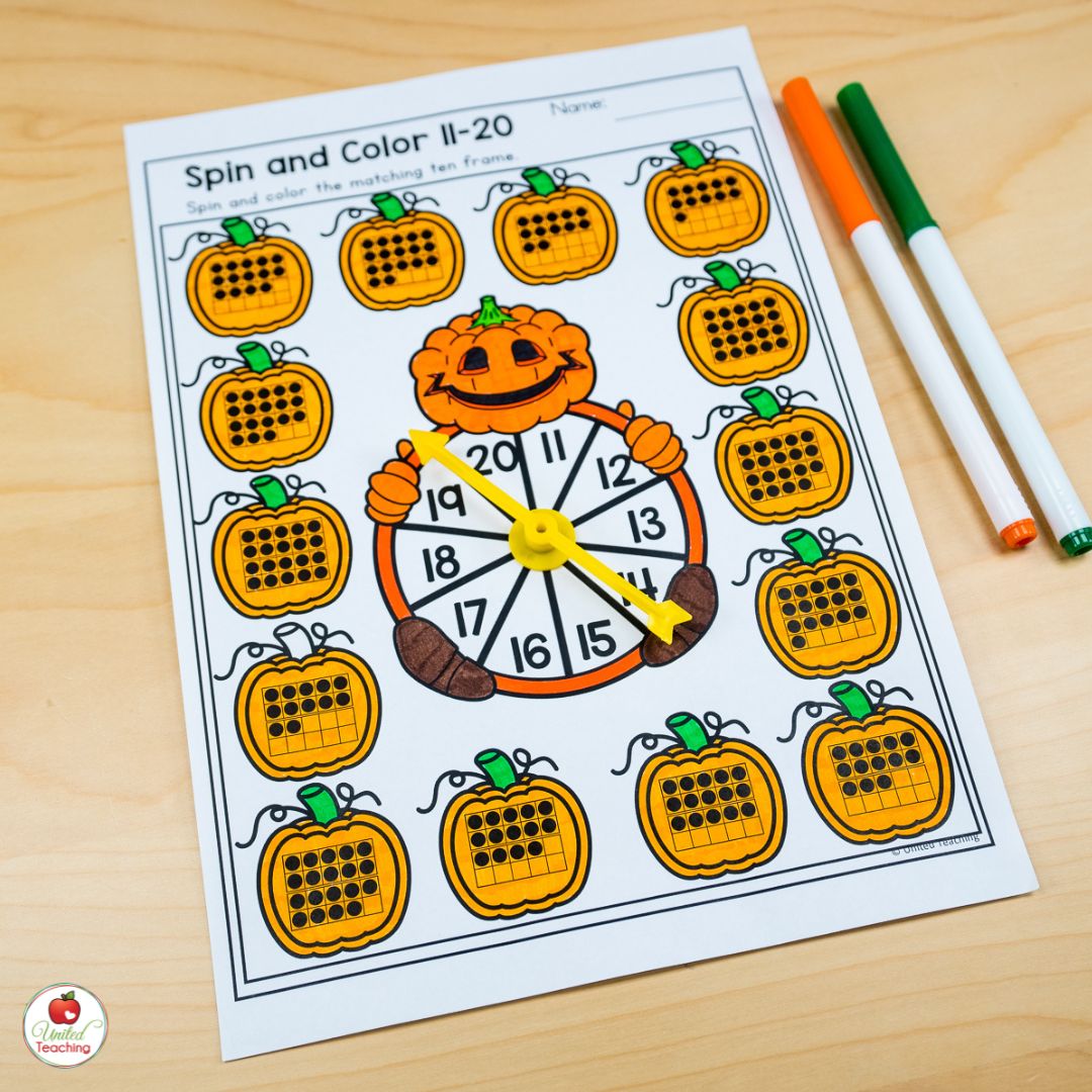 Spin and color a ten frame for numbers 11-20 math worksheet for Halloween