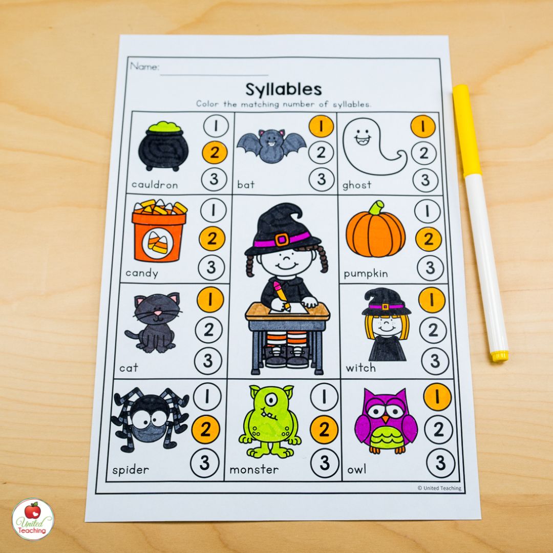 Halloween Counting Syllables Worksheet for October