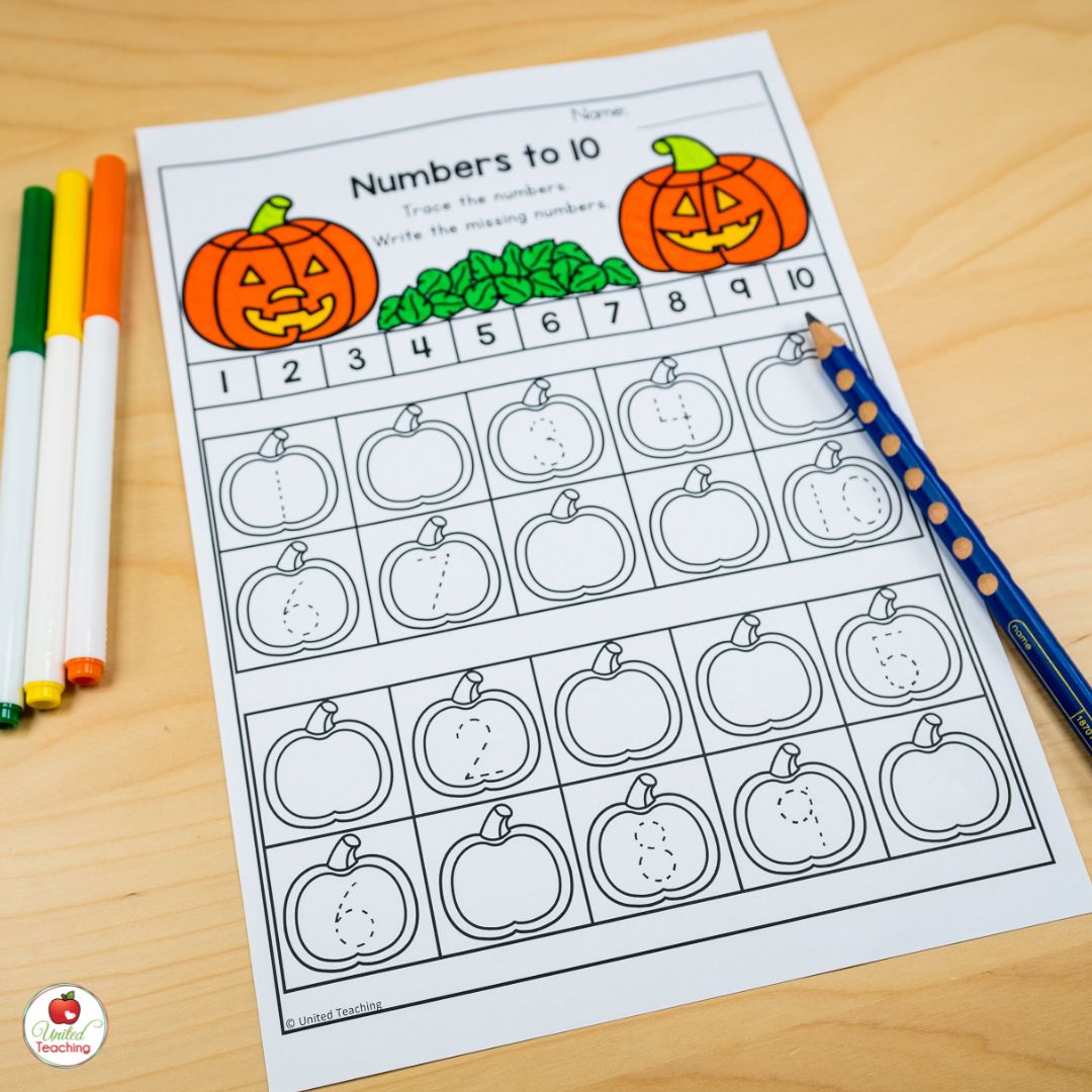 Halloween number order tracing worksheet for October