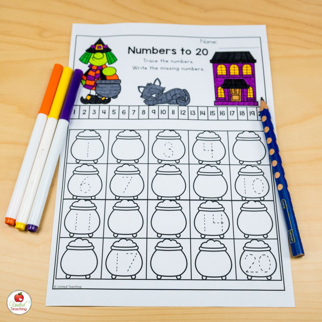 Halloween number tracing worksheet for 1-20