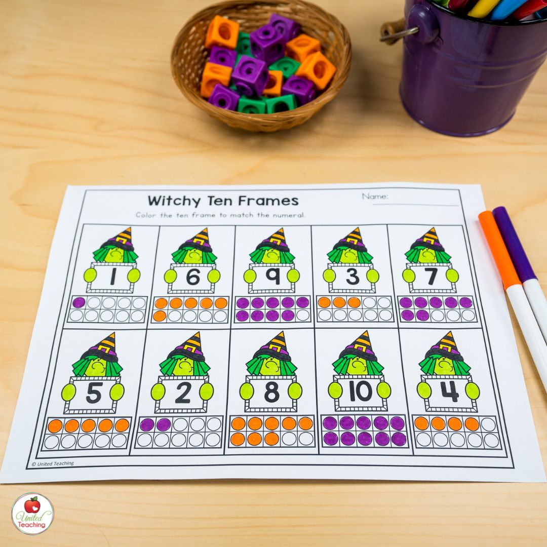 Halloween with ten frames 1-10 worksheet for kindergarten