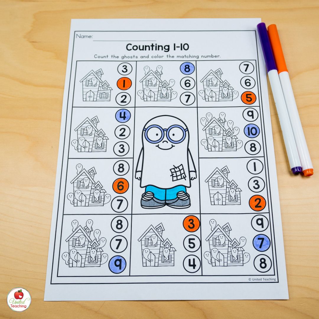 Counting ghosts halloween math worksheet for October