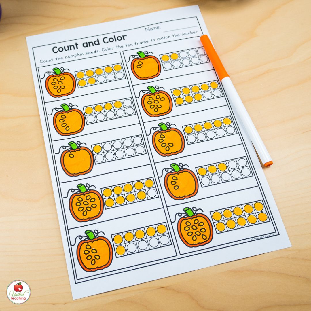 Pumpkin Seed counting and ten frames math worksheet for October
