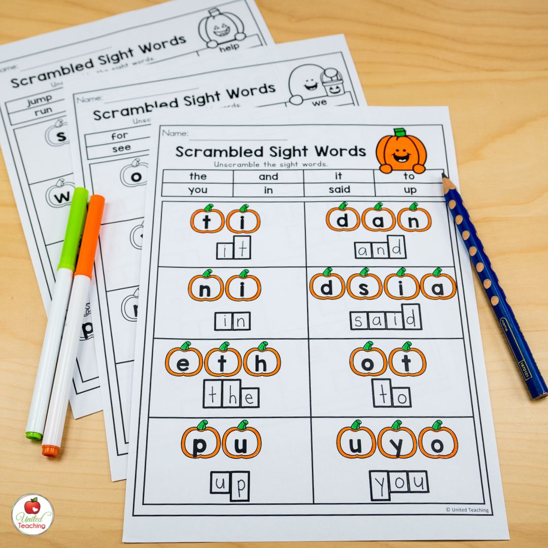 October scrambled sight word worksheets for kindergarten