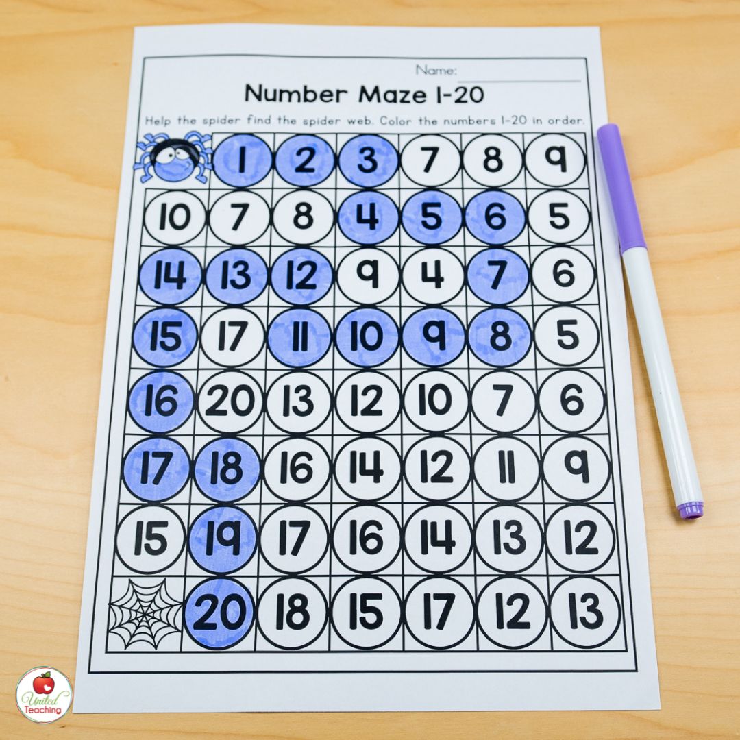 Number Maze 1-20 math worksheet for kindergarten
