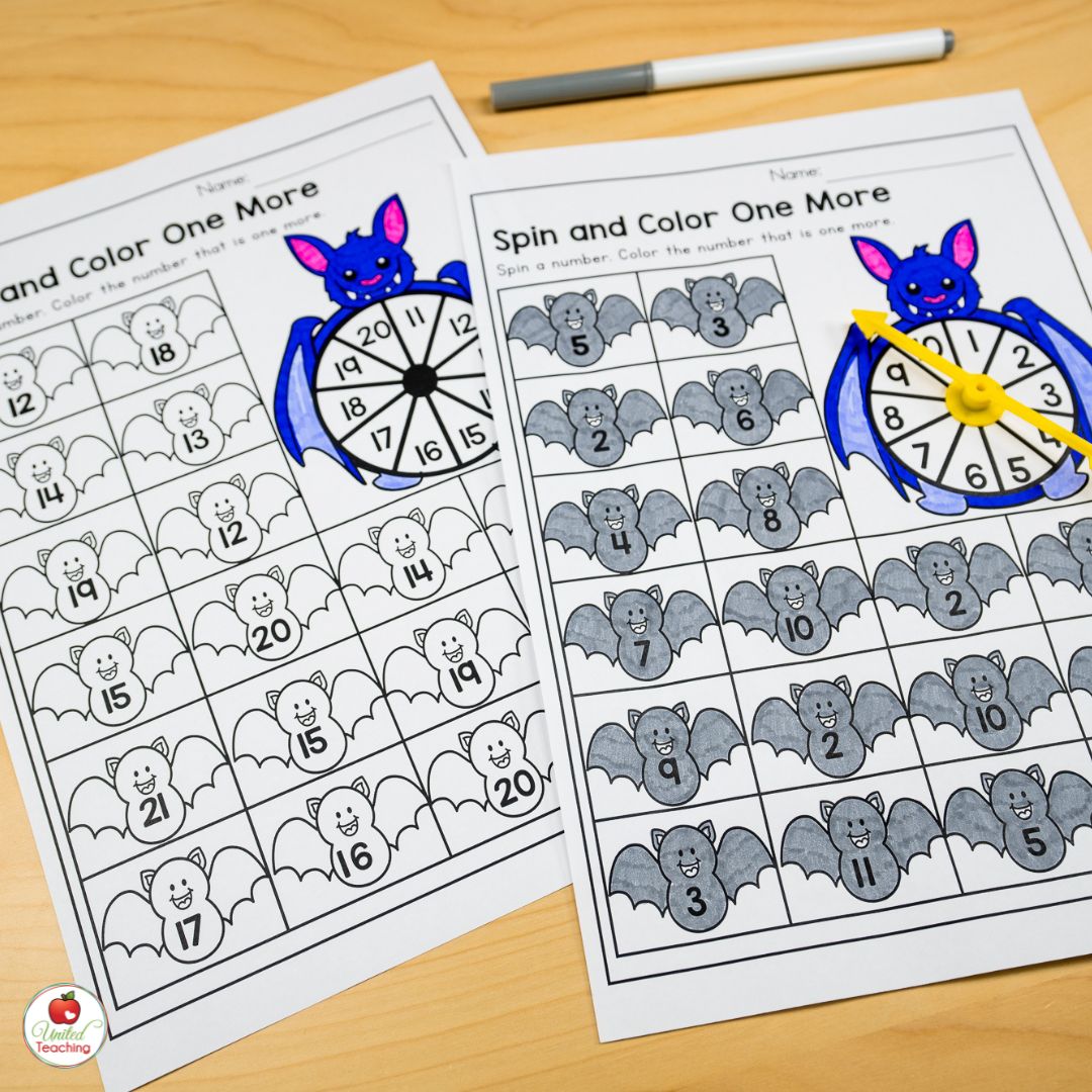 Spin and color one more Halloween math worksheet for kindergarten