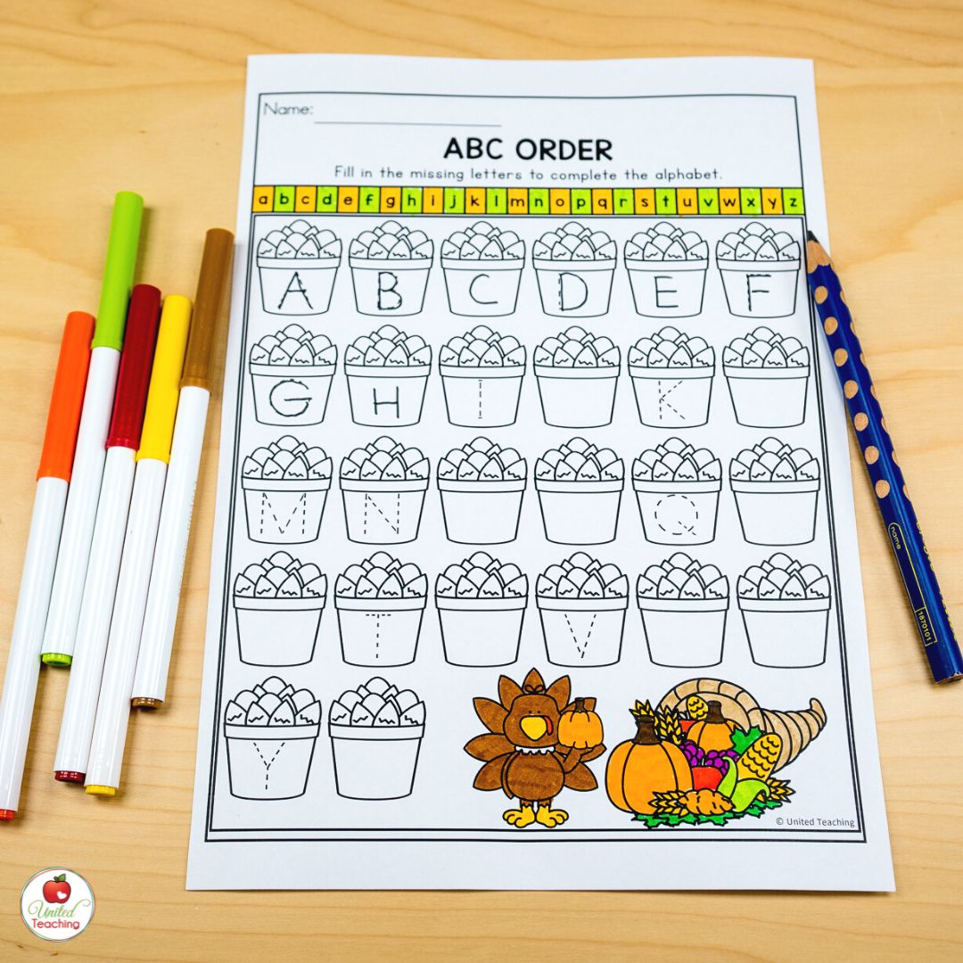 Thanksgiving ABC Order Letter Tracing Worksheet for November