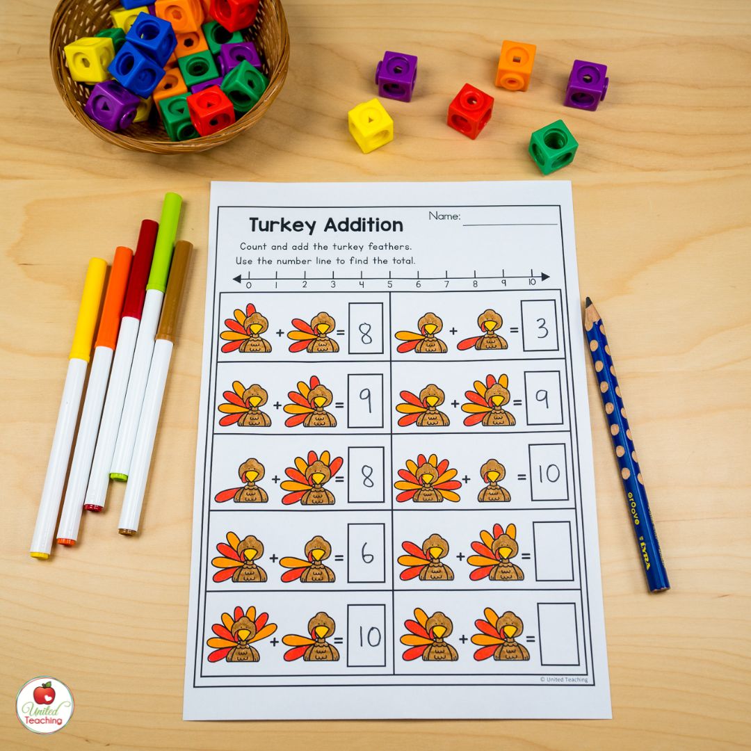 Turkey feather addition math worksheet for kindergarten