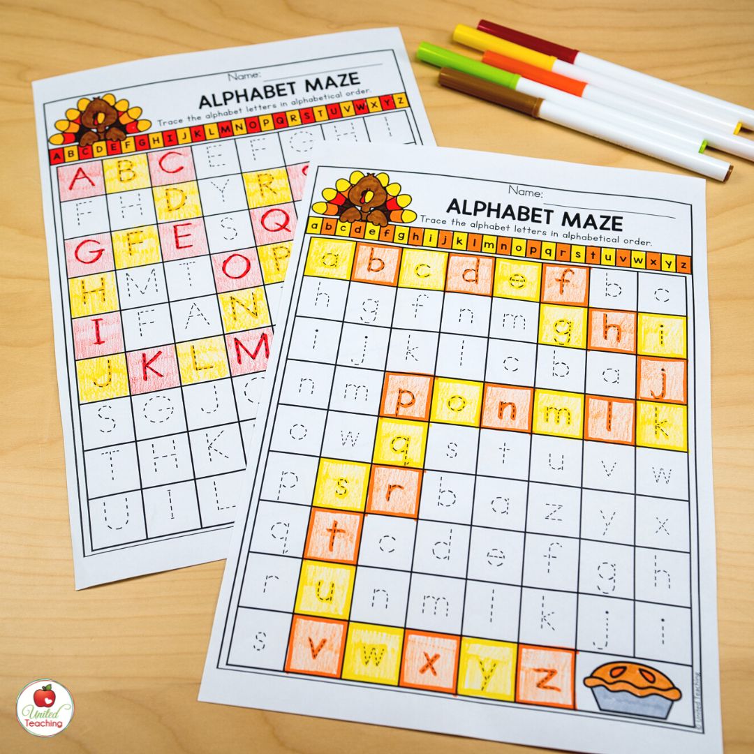 Thanksgiving Alphabet Letter Tracing Maze worksheets 