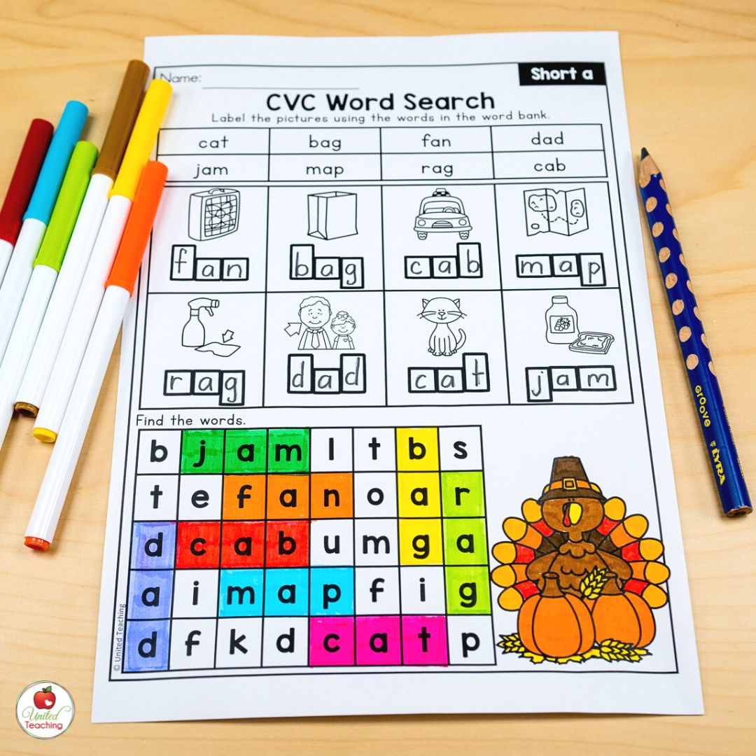 Short a CVC word search worksheet for kindergarten in November