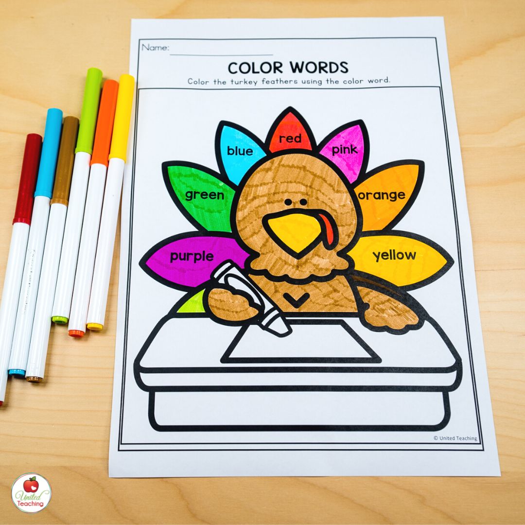 Turkey Color words Thanksgiving worksheet for kindergarten