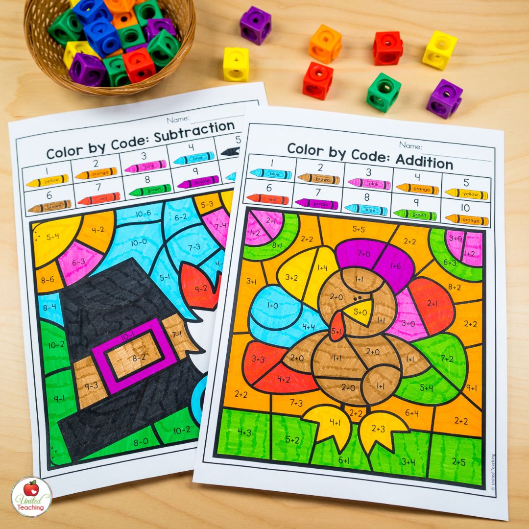 Color by addition and subtraction thanksgiving math worksheets