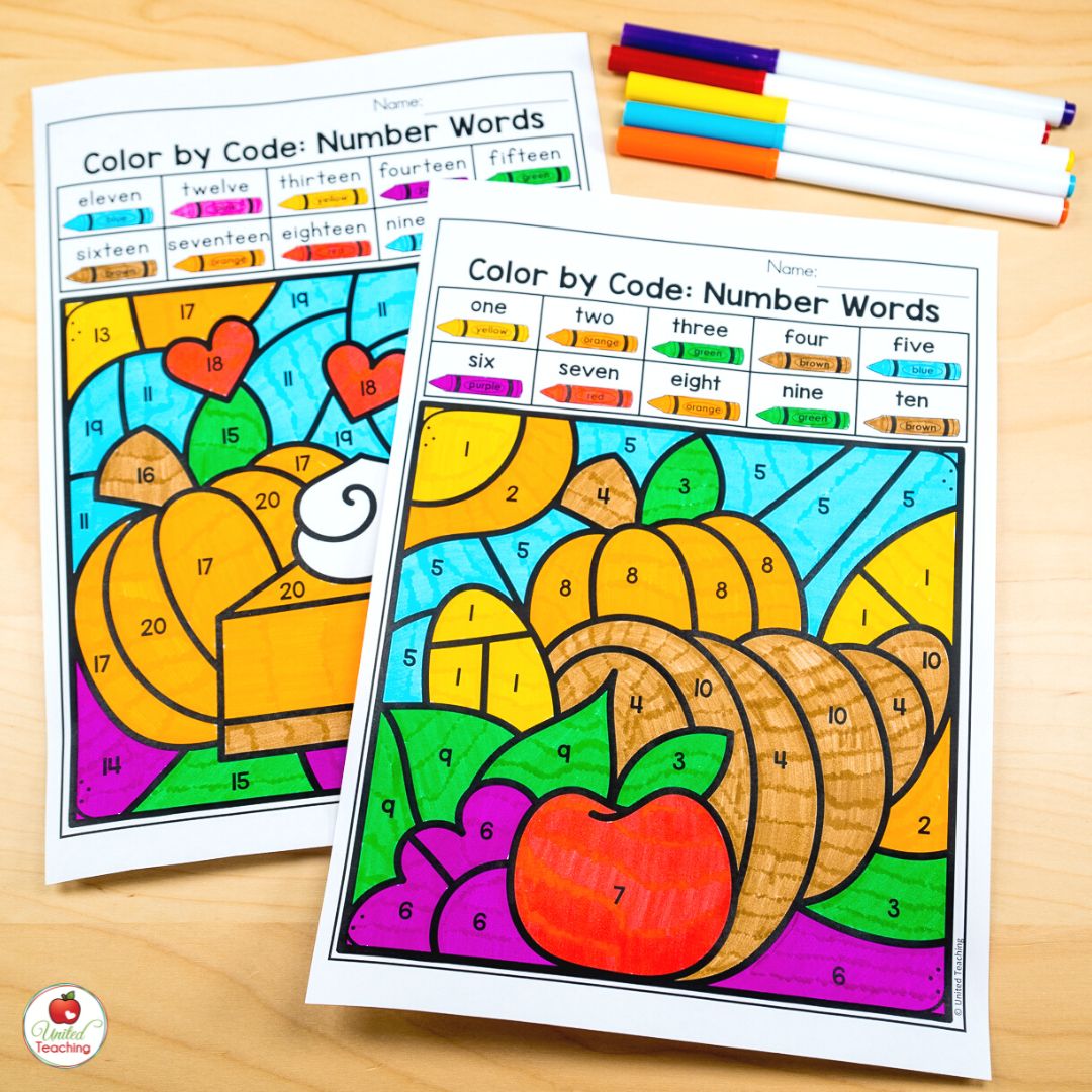 Color by Number Words Thanksgiving math worksheets