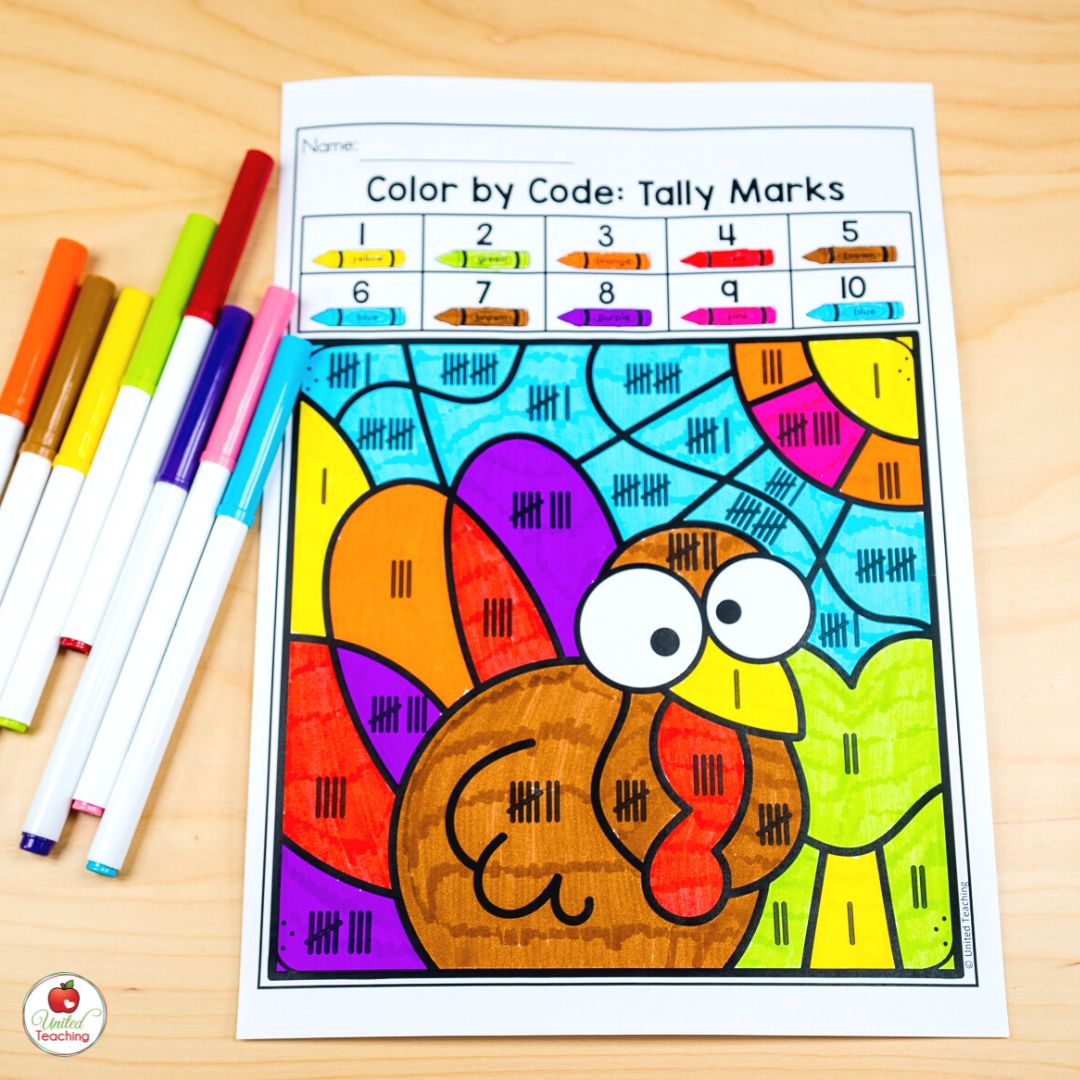 Color by tally marks Thanksgiving math worksheet for kindergarten