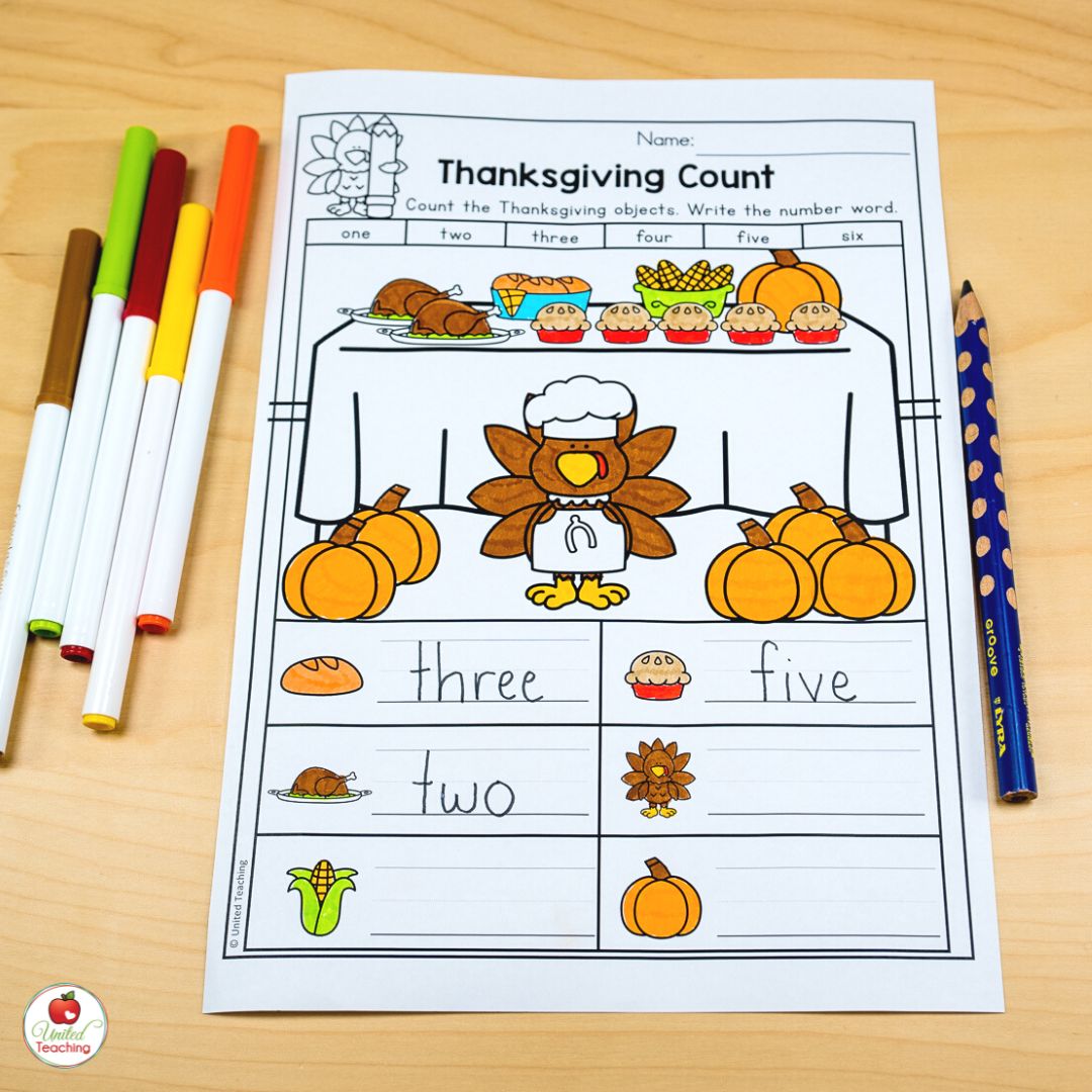 Thanksgiving feast counting and writing number words math worksheet
